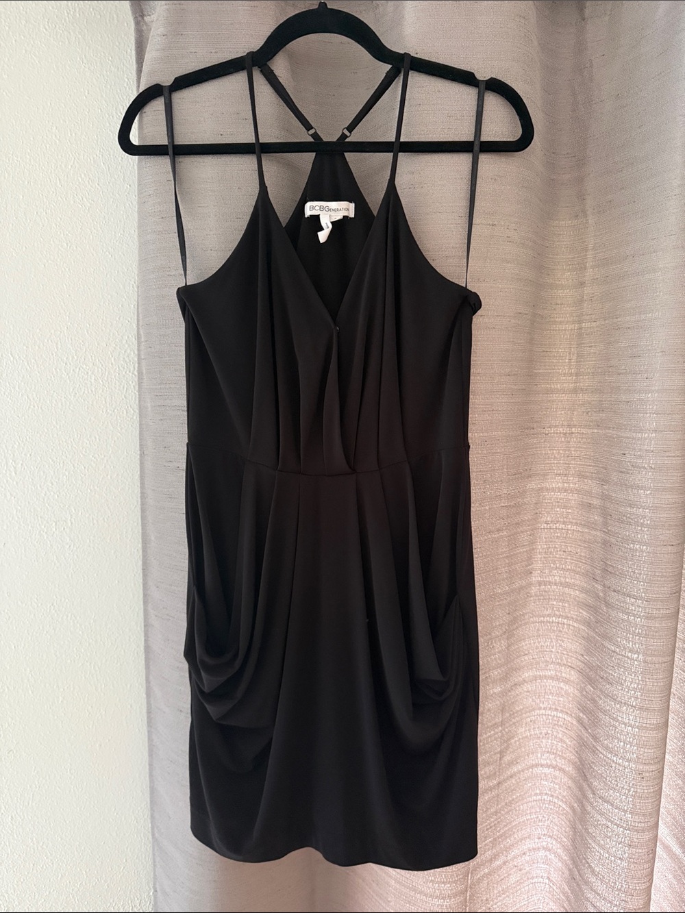BCBGeneration Black Draped Mini Dress with adjustable straps